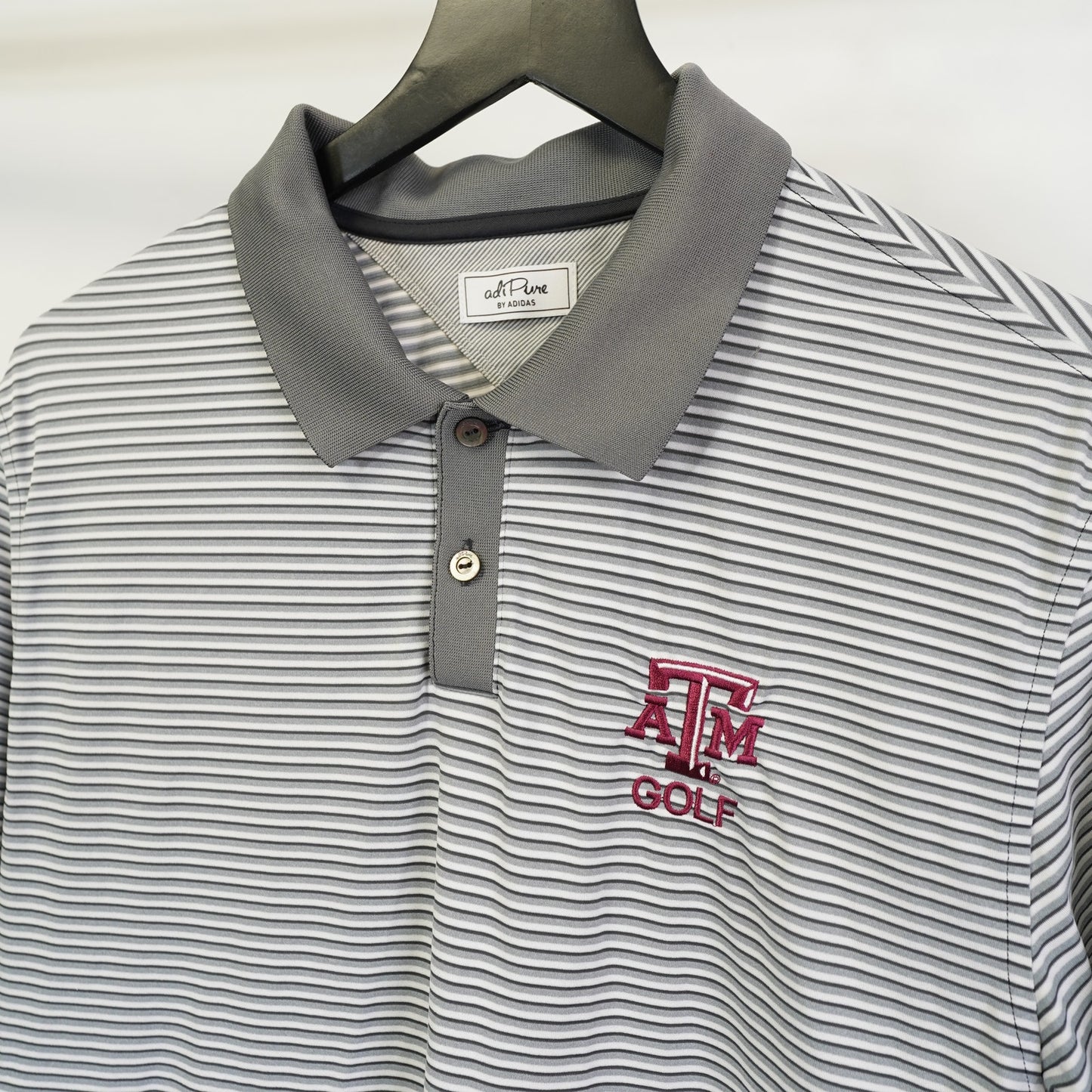 (L) Texas A&M Golf Adidas Adi Pure Striped Performance Polo Shirt Men's L Gray Sewn