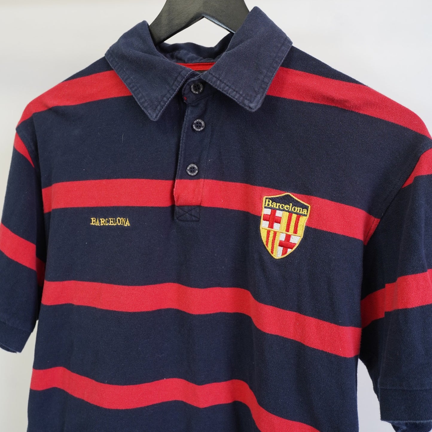 (L) Vintage FC Barcelona Embroidered Striped Polo Shirt Y2K Men's L Red Blue 2000s