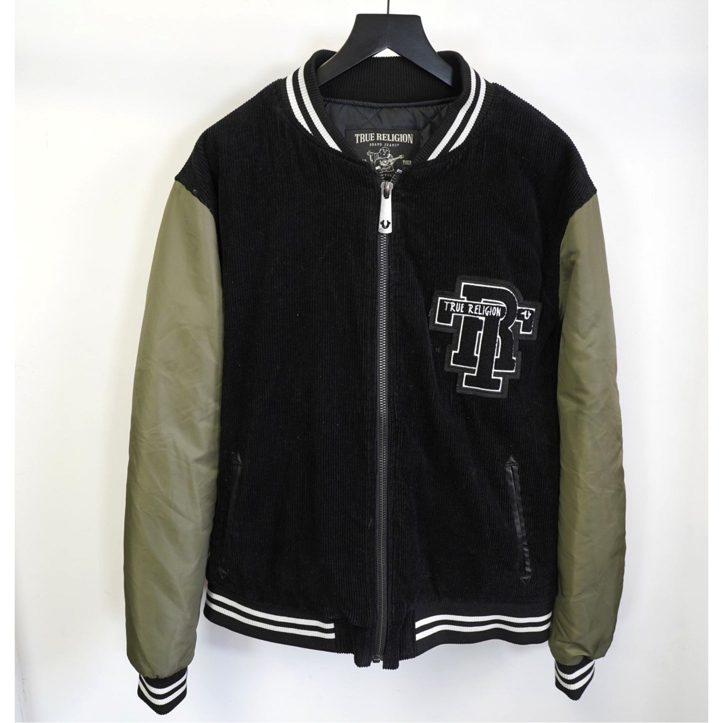 (XL) True Religion Corduroy Sewn Varsity Bomber Jacket Men's XL Olive Green Black