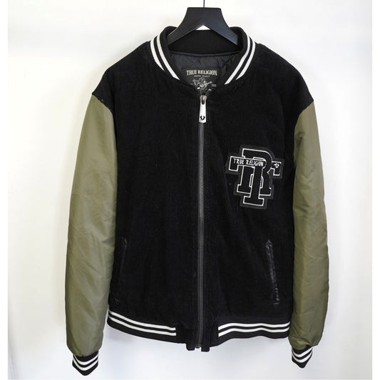 (XL) True Religion Corduroy Sewn Varsity Bomber Jacket Men's XL Olive Green Black