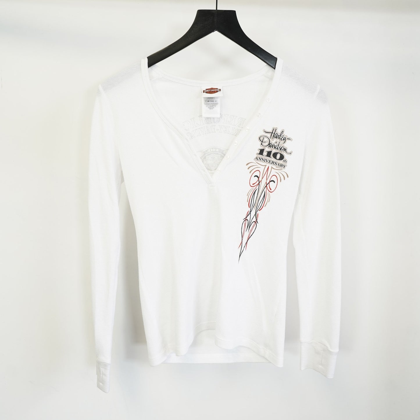 (Women's M) Harley Davidson Thermal Longsleeve Biker T-Shirt Women's M White Motorcycle