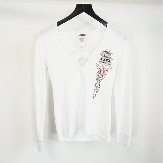 (Women's M) Harley Davidson Thermal Longsleeve Biker T-Shirt Women's M White Motorcycle