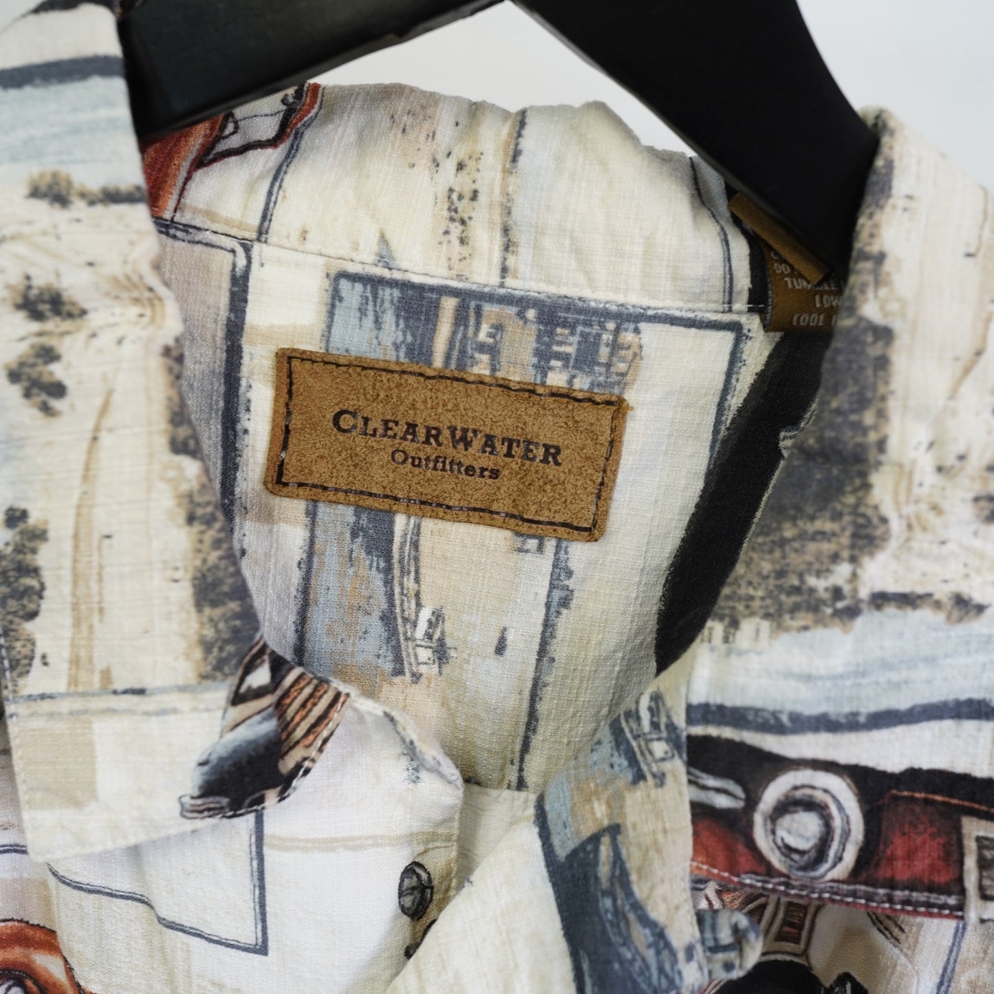 (L) Vintage Clearwater Hawaiian Shirt Men's L Station Wagon White Tropical Surf