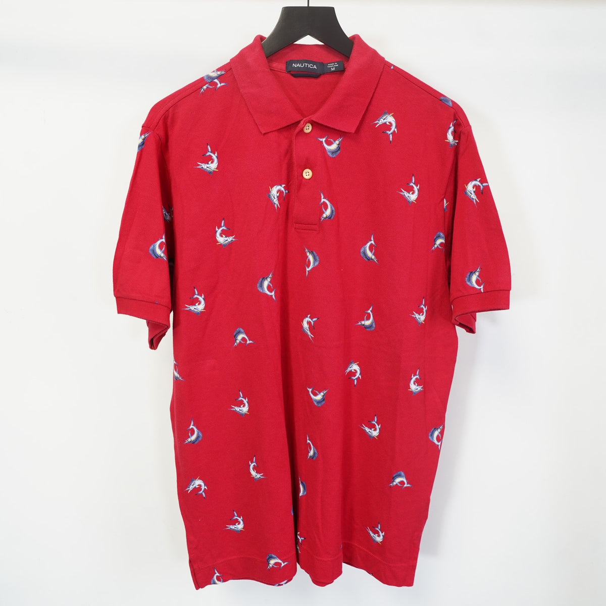 (M) Vintage Nautica Sword Fish Embroidered Polo Shirt Men's M Red Competition Retro
