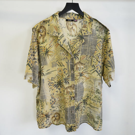 (XXL) Vintage Tapestry African Safari Hawaiian Shirt Men's XXL 90s Lion Tiger Nature