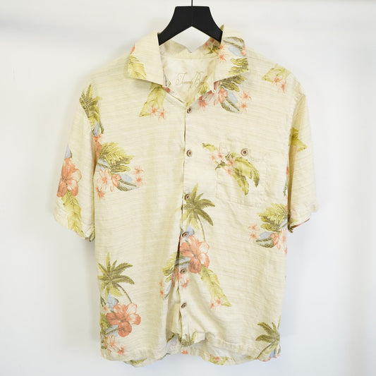 (XL) Vtg Tommy Bahama 100% Silk Hawaiian Shirt Men's XL Tan Floral Tropical Palm Tree