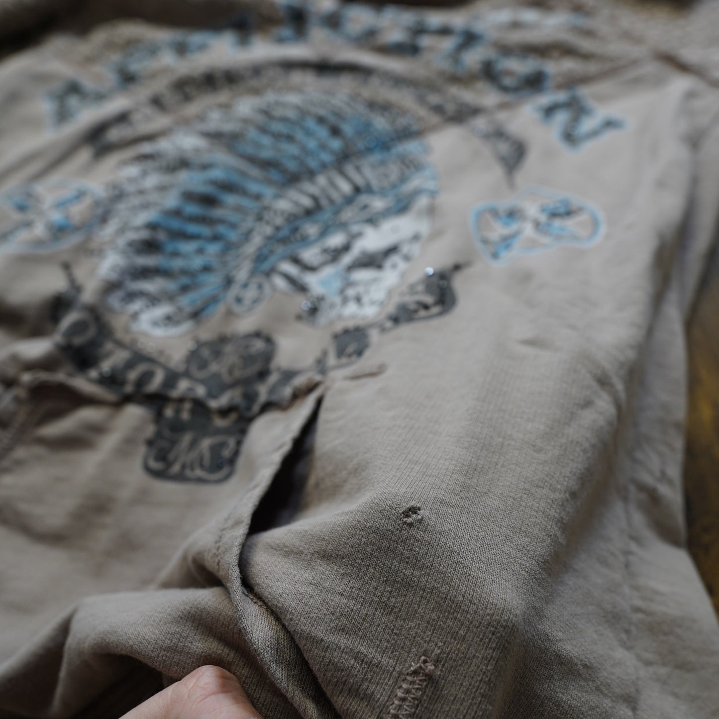 (Women's L ) Sinful Affliction Hoodie Lace Sleeves Made USA Skull Biker Y2K Tan