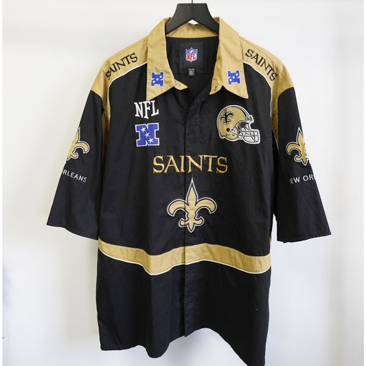 (3XL) Vintage New Orleans Saints Stitched Patchwork Button Up Men's 3XL Black Gold NFL