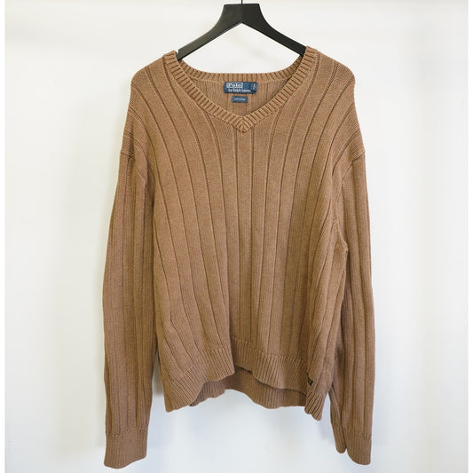 (XXL) Vintage Polo Ralph Lauren Ribbed Knit V-Neck Sweater Men's XXL Brown Preppy