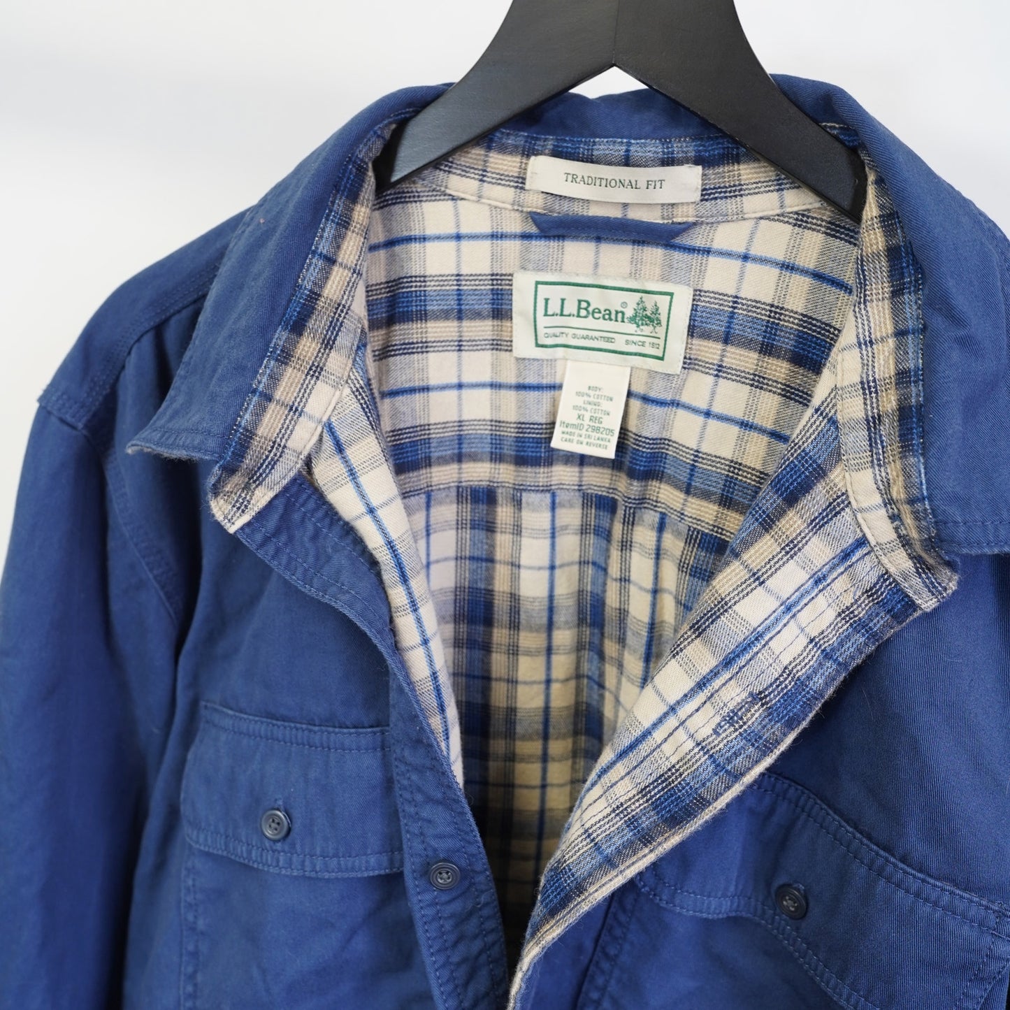 (XL) Vintage LL Bean Shirt Jacket Mens XL Blue Flannel Plaid Lined Barn Chore Shacket