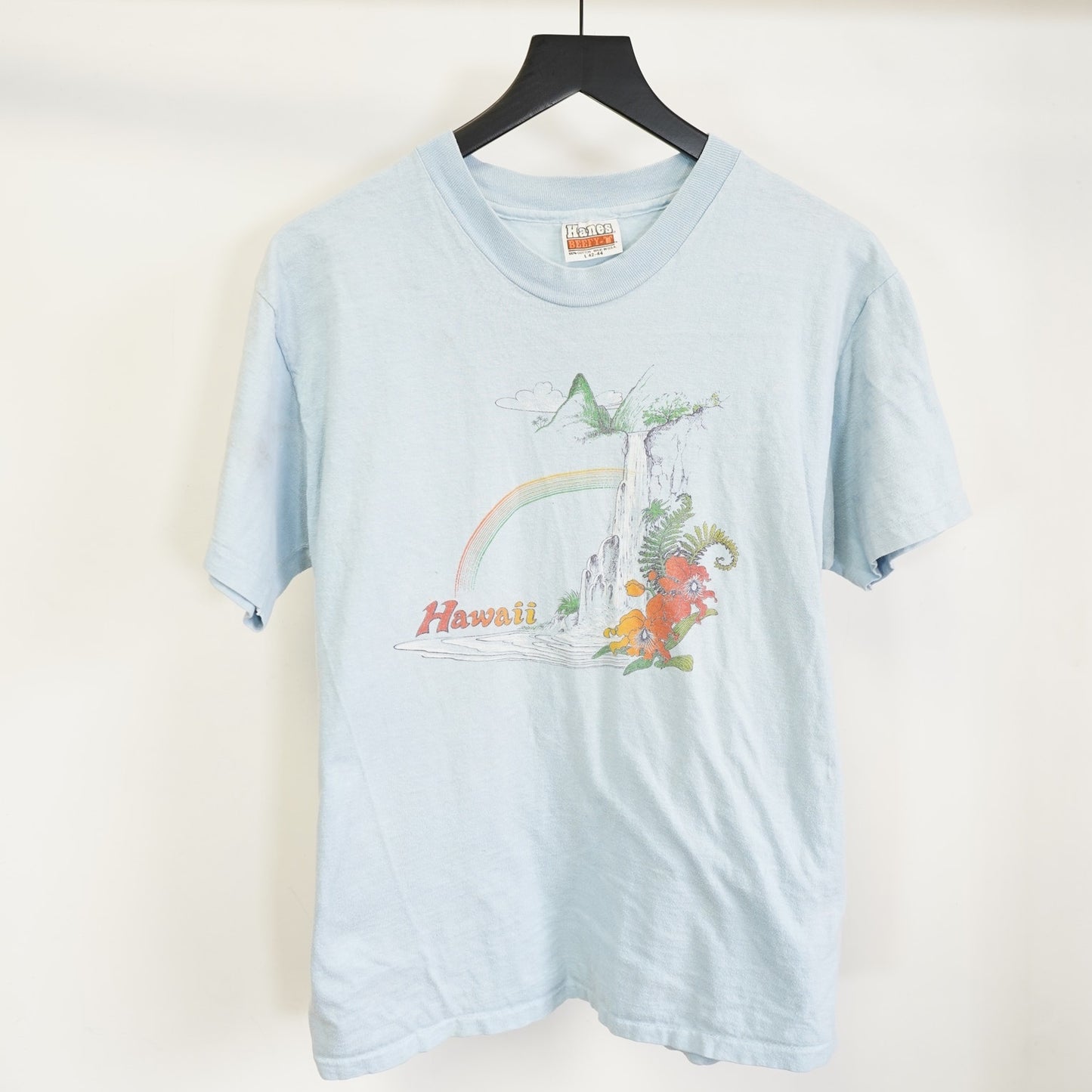 (M) True Vintage Hawaiian Nature T-Shirt 70s Single Stitch Men's M Blue Hanes