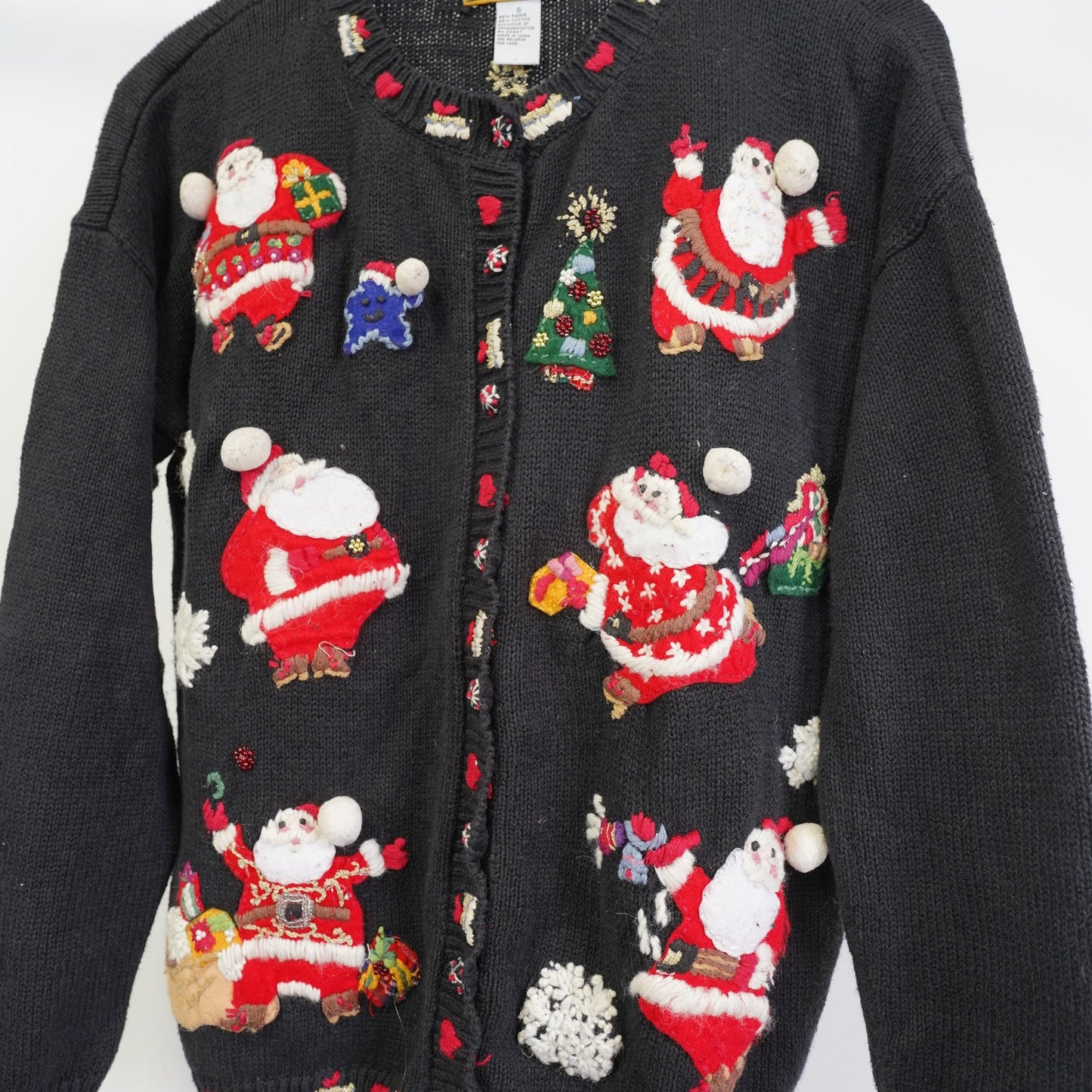 (Women's S) Vintage Holiday Christmas Knit Cardigan Sweater Women's S Santa Black Stitched