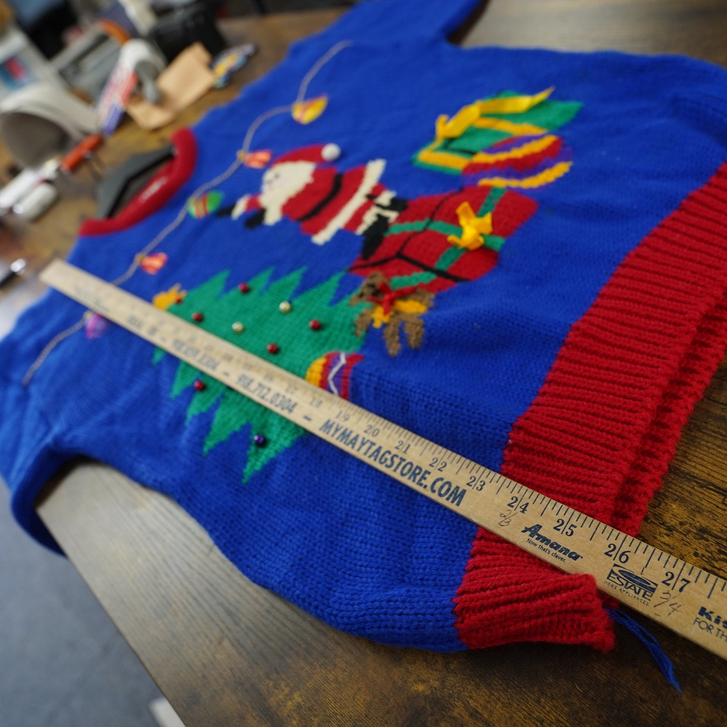 (Women's M) Vintage Bravo Ugly Knit Christmas Sweater Women's M 90s Santa Holiday Blue Sewn