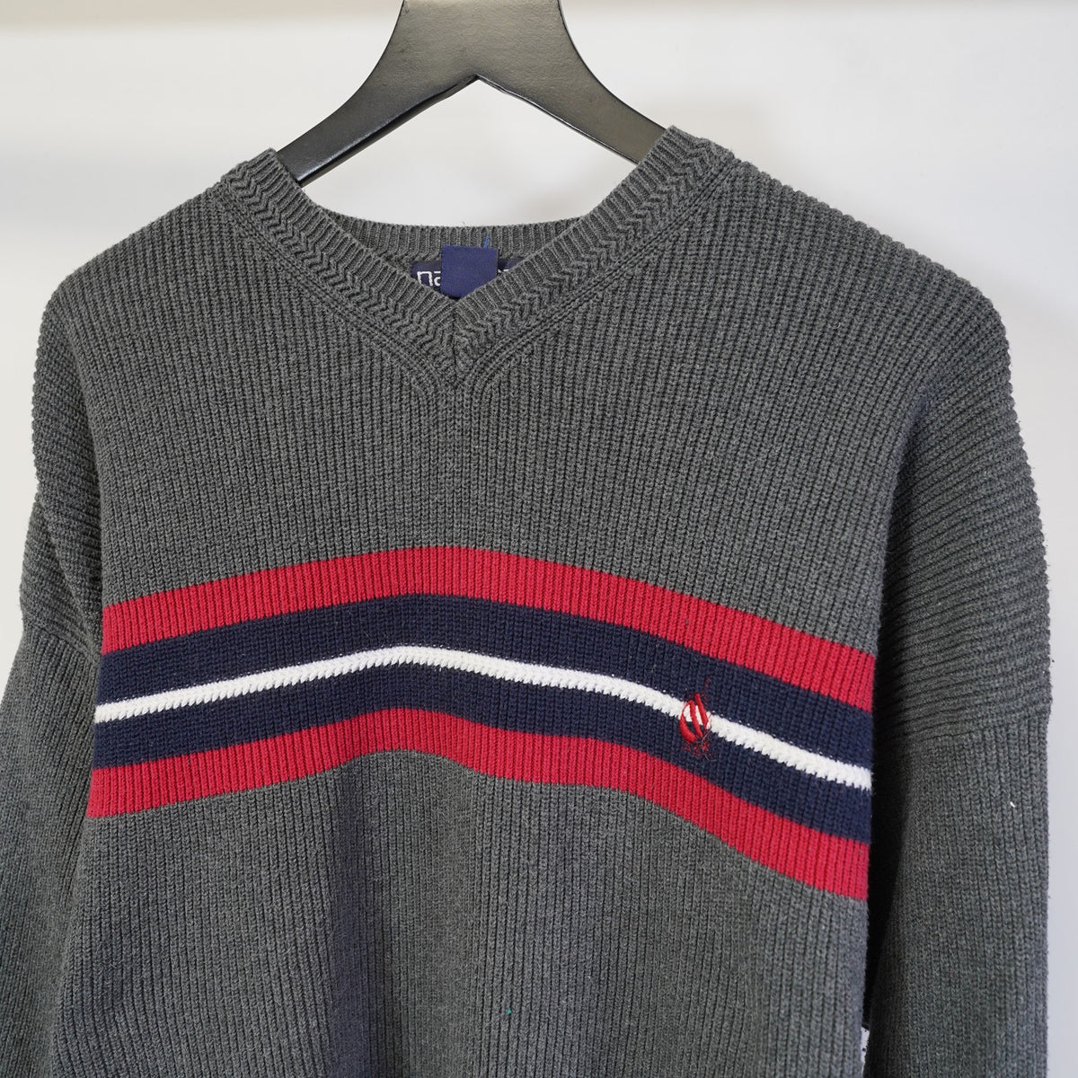 (XL) Vintage Nautica 90s Utility Knit Striped Sweater Men's XL Gray Red Preppy Y2K
