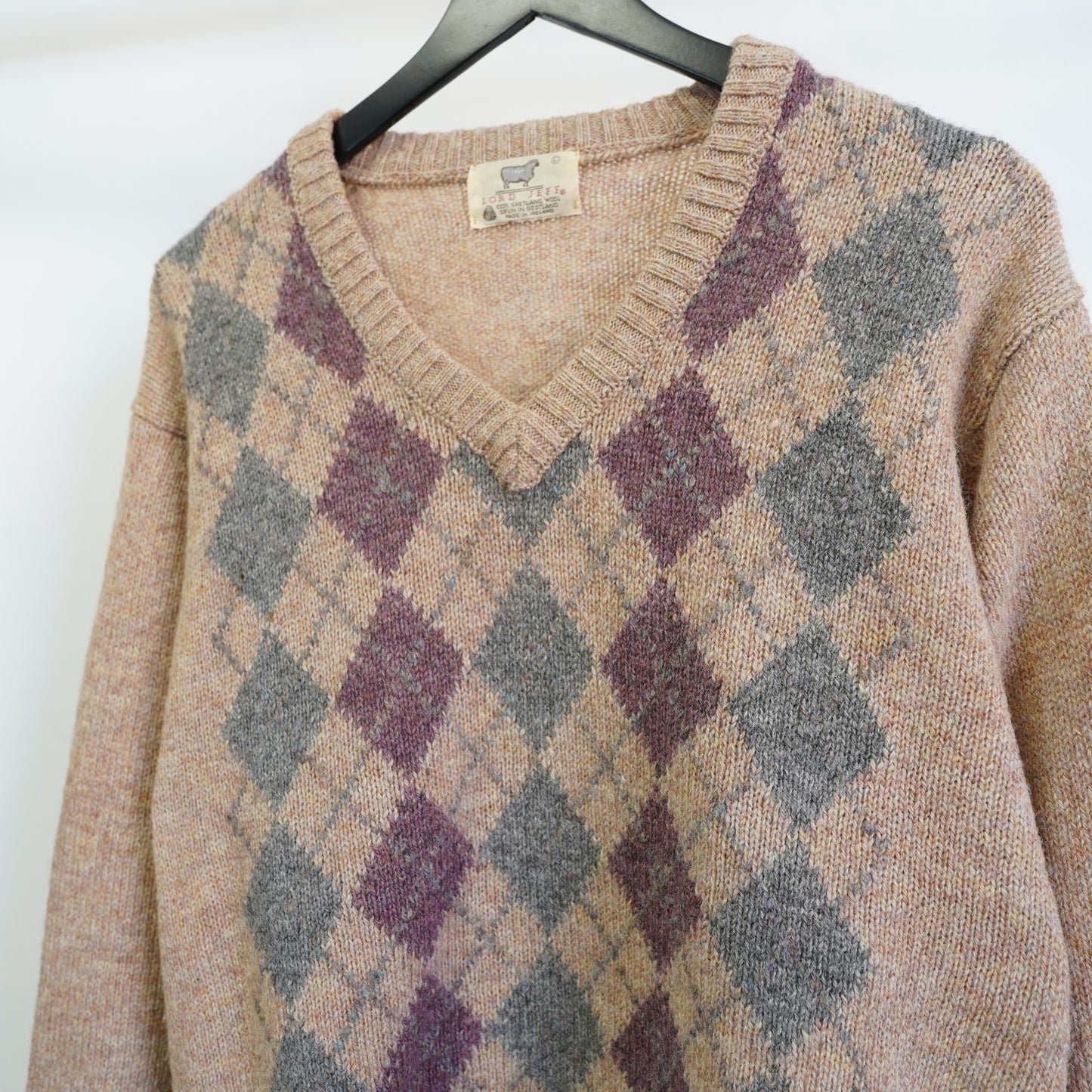 (L) Vintage Lord Jeff Shetland Wool Knit Sweater Men's L V-Neck Argyle Pattern Tan