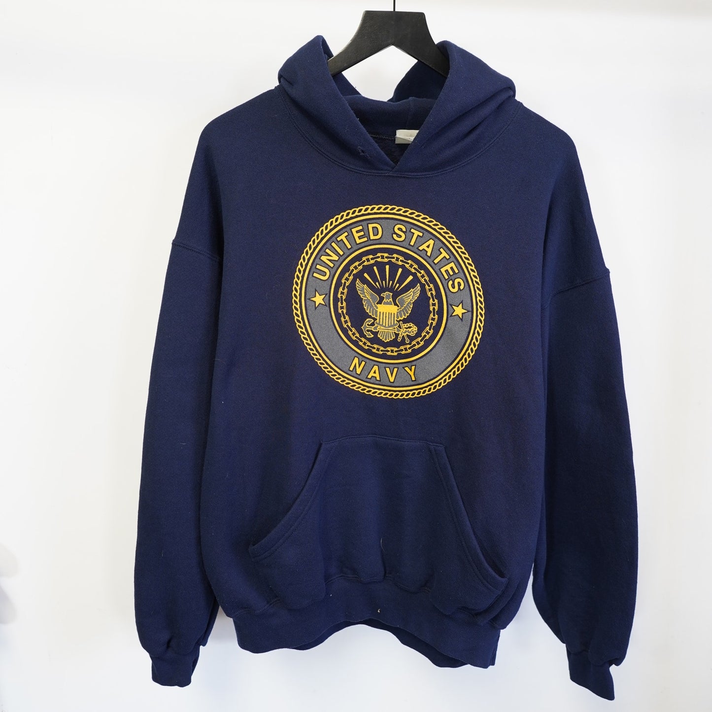 (L) Vintage US Navy Big Logo Pullover Hoodie Men's L Blue Gold Retro