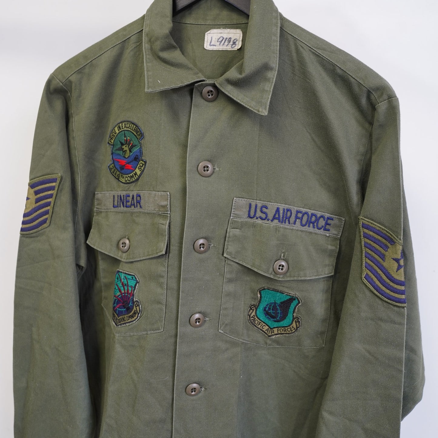 (L) Vintage U.S. Air Force OG 507 Green Fatigue Uniform Shirt Utility Patches Mens L