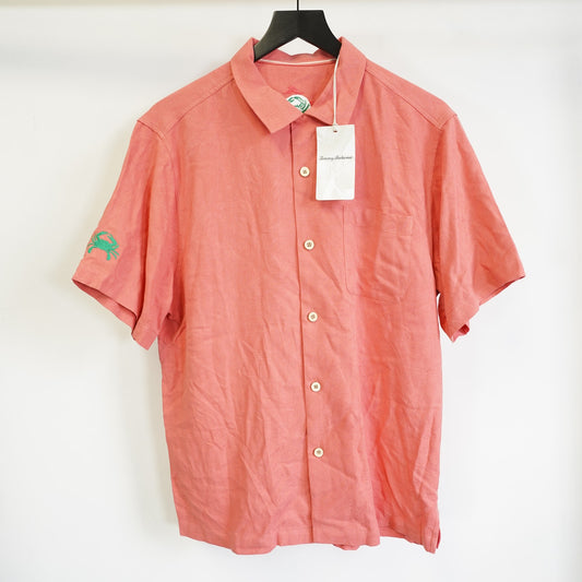 (M) Tommy Bahama Coral Hawaiian Shirt 100% Silk Men's M Pink Stitched Crab Palm Tree