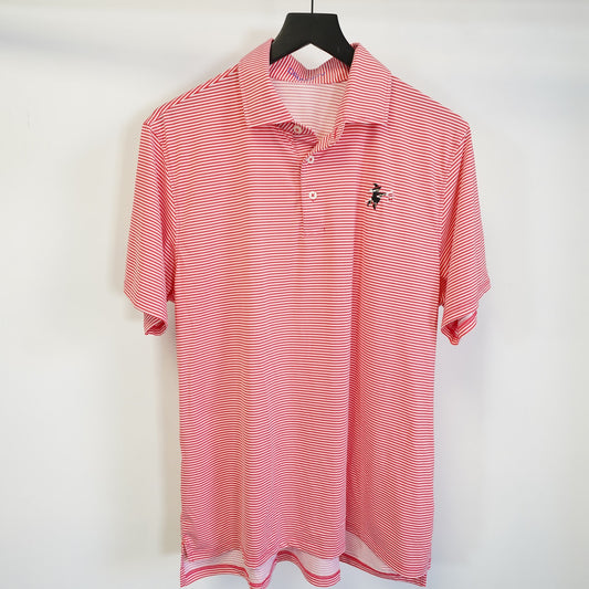(M) B. Draddy Polo Shirt Red Striped Golf Performance Stretch Size M Witch Sewn Logo
