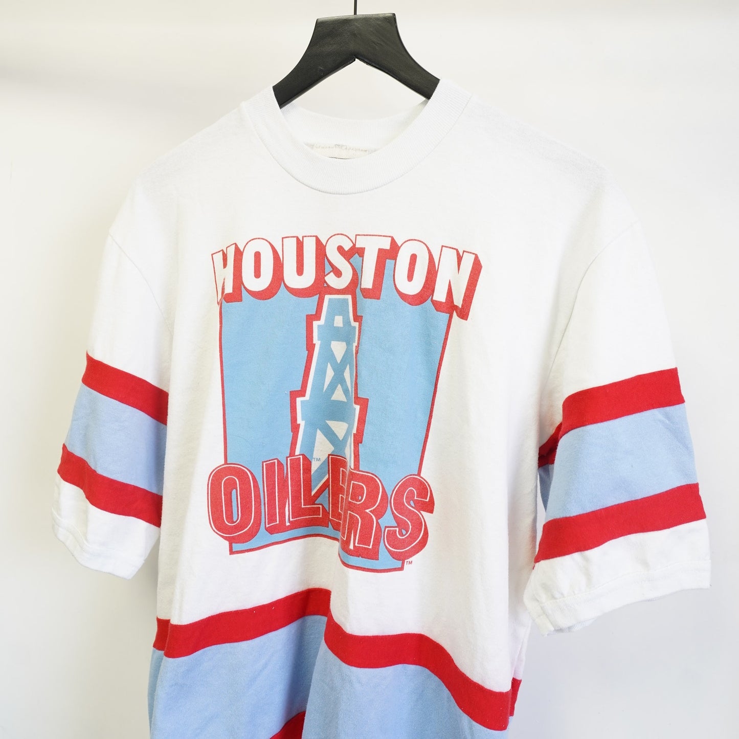 (L) Vintage Houston Oilers Nutmeg Mills 90s Striped T-Shirt Men's L White Blue Retro