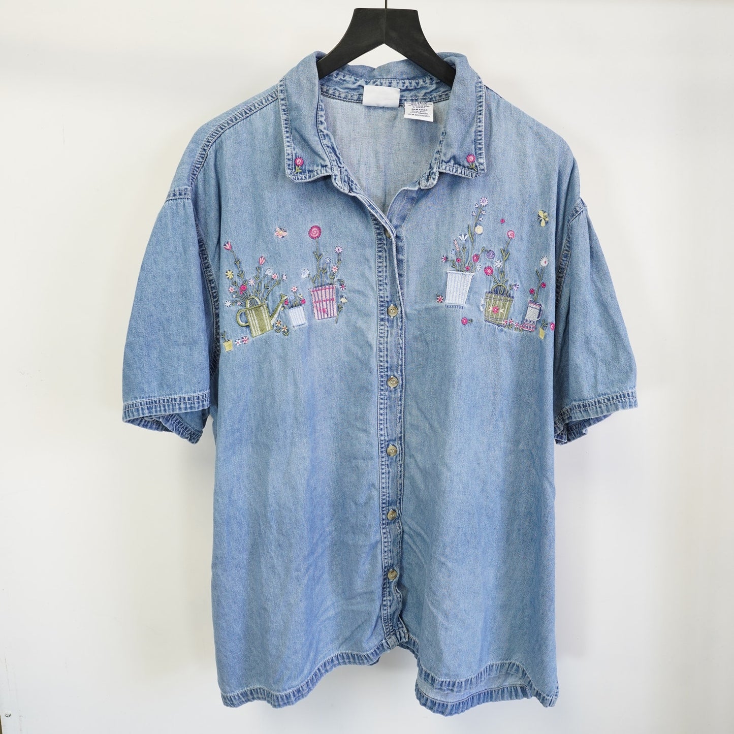 (Women's XXL) Vintage Denim Floral Gardening Nature Button Up Shirt Women's XXL Cottage 90s