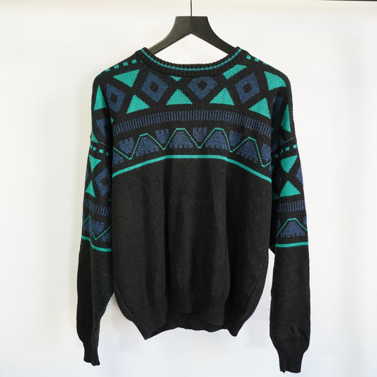 (L) Vintage 90s Le Tigre Black Knit Sweater Retro Abstract Aztec