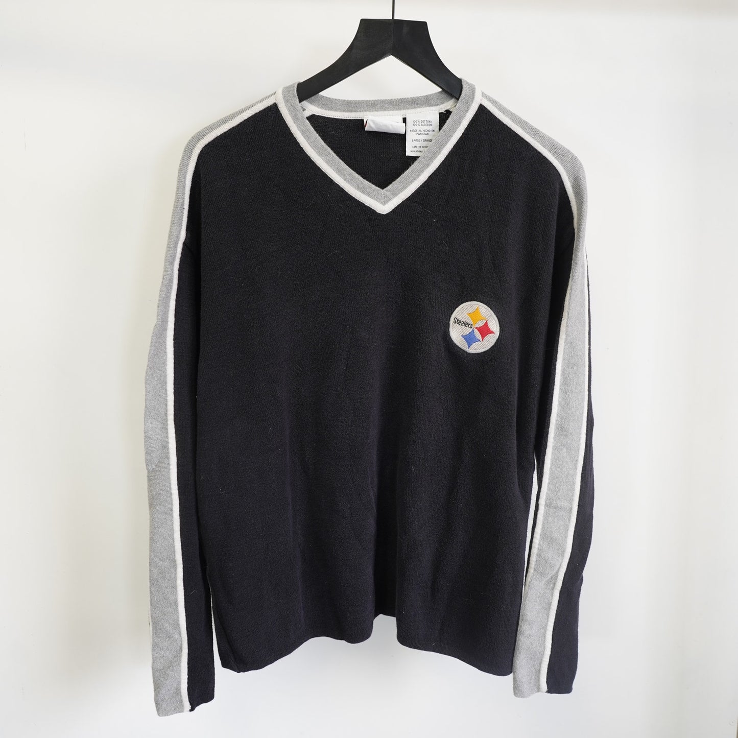 (L) Vintage Pittsburg Steelers 90s V-Neck Sweatshirt Men's L Black Gray Embroidered