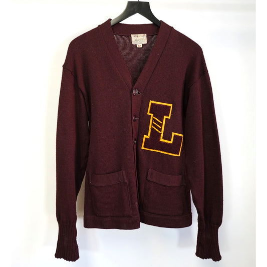 (M) True Vintage 40s-50s Letterman Wool Knit Sweater Cardigan Men's M Maroon Holmes