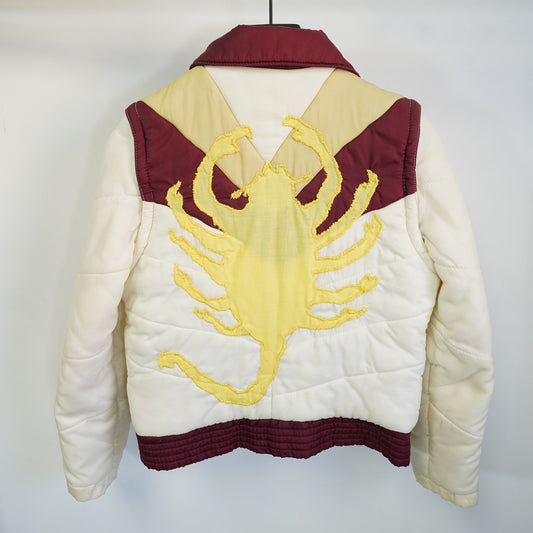 (Women's M) Men's XS True Vintage Scorpion Chain Stitched Puffer Jacket White Gold 2 in 1