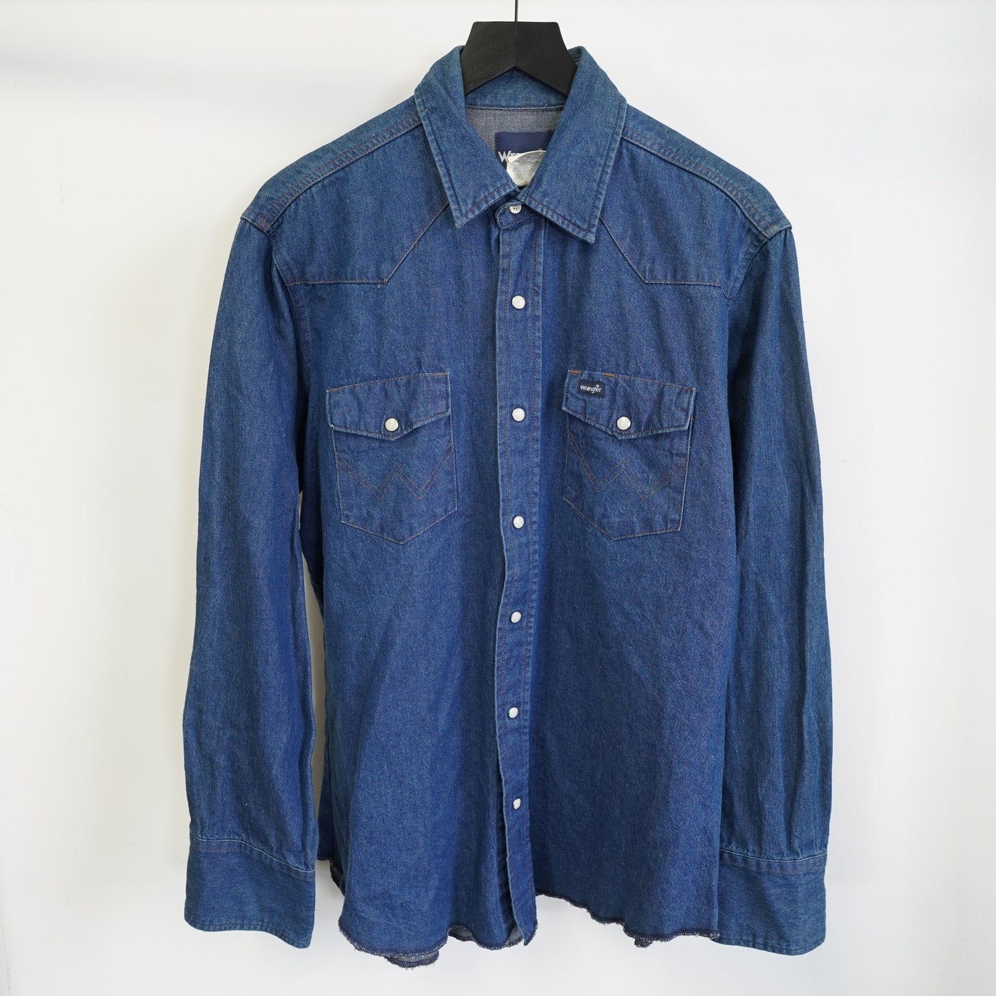 (L) Wrangler Denim Pearl Snap Western Cowboy Button Up Shirt Men's L Blue