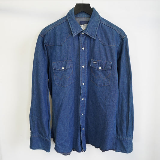 (L) Wrangler Denim Pearl Snap Western Cowboy Button Up Shirt Men's L Blue