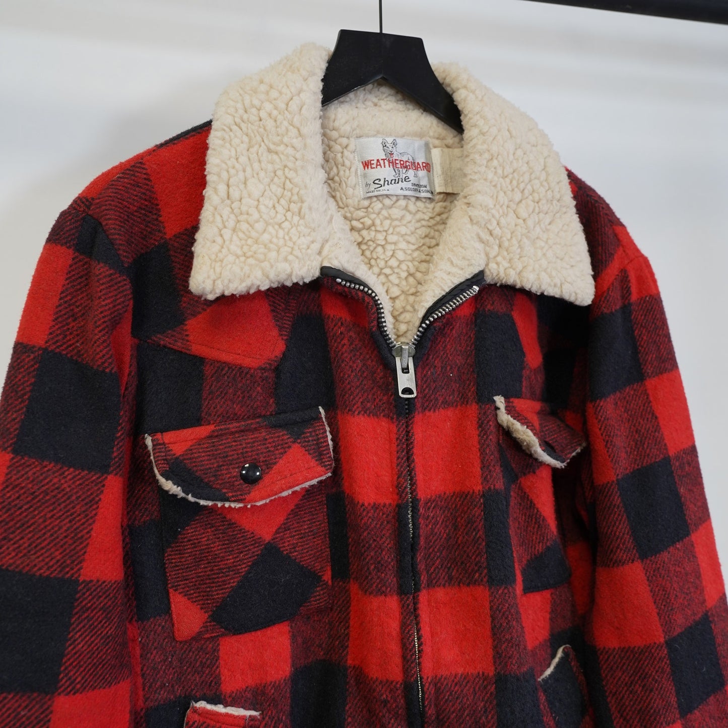 (L) Vintage Shane Sherpa Lined Wool Plaid Jacket Men's L Red 70s-80s Hunter Coat