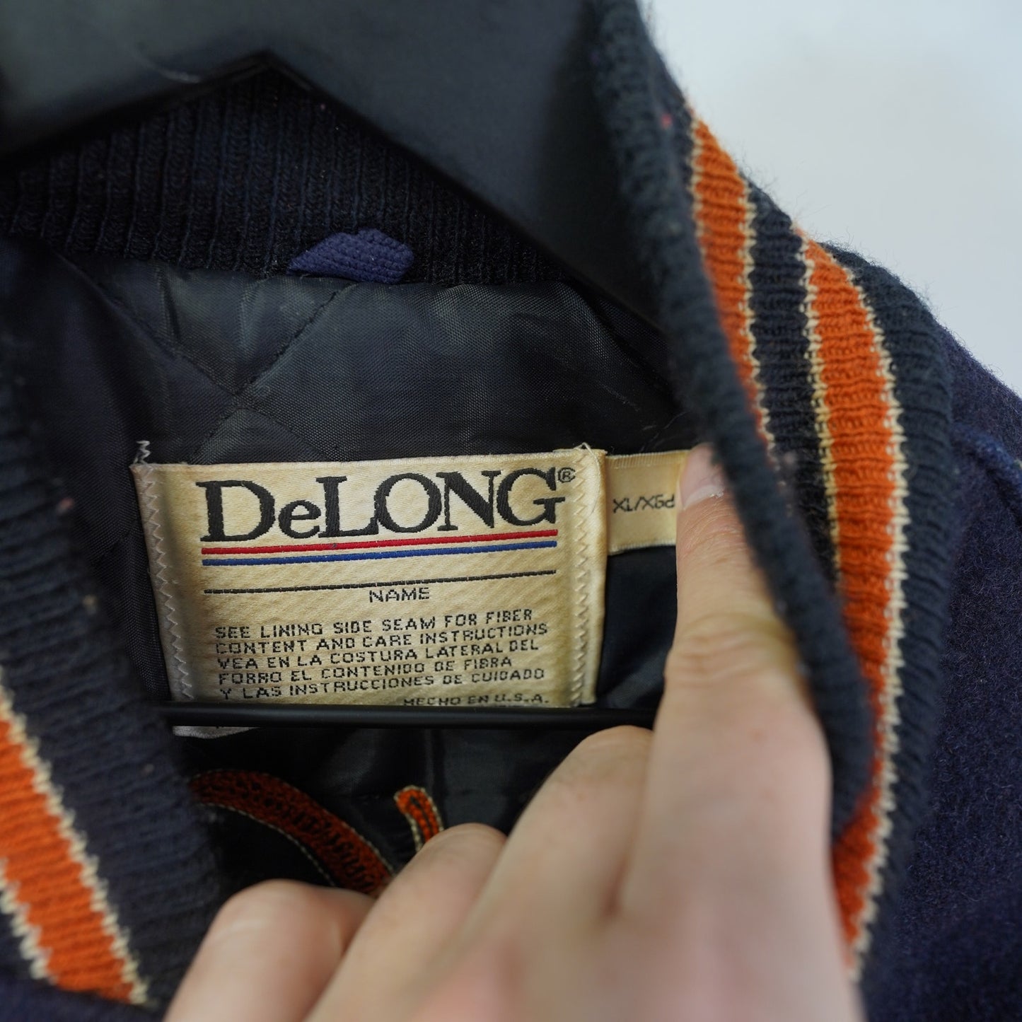 (XL) Vintage Delong Leather Varsity Jacket Unisex Size XL Navy Cream Catholic