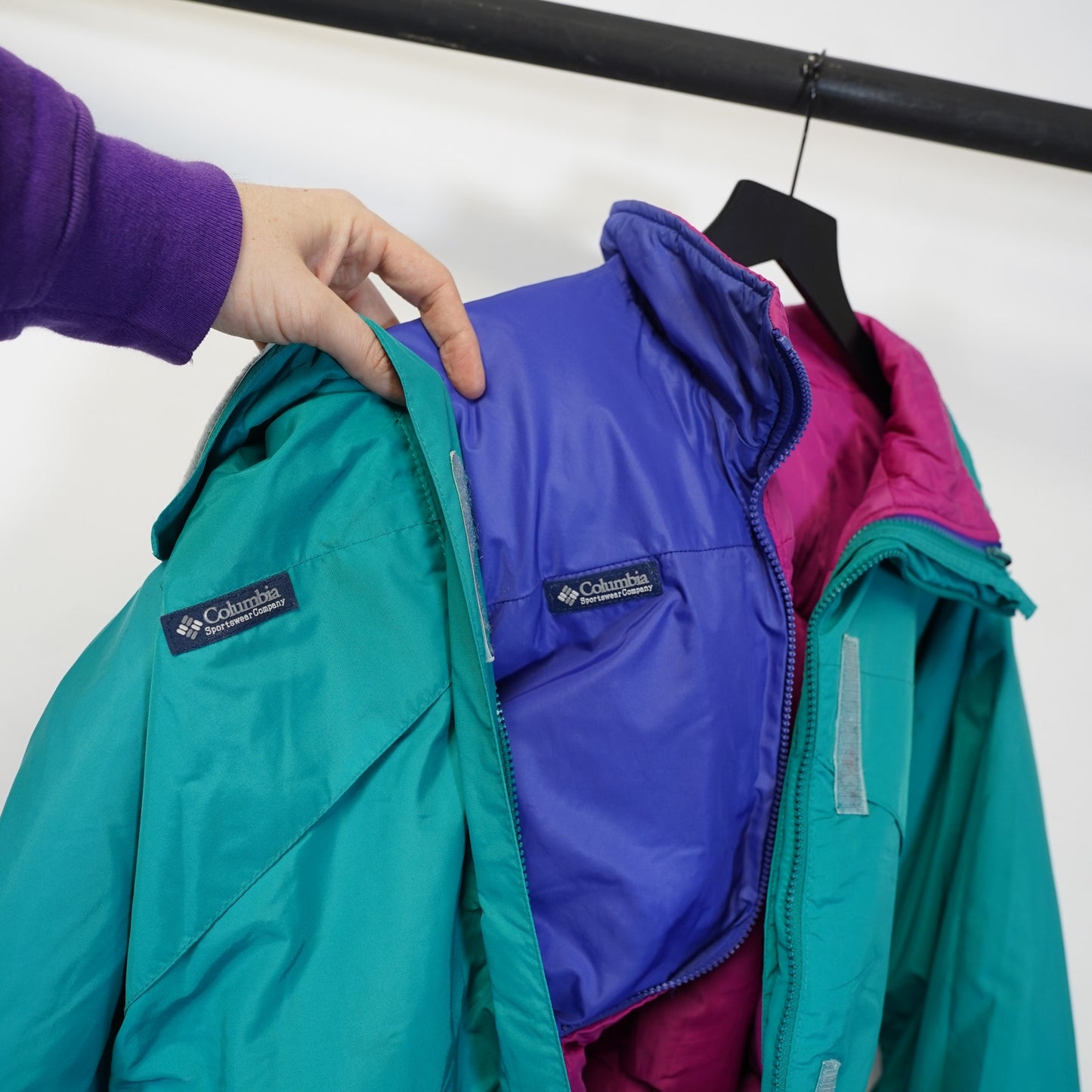 (Women's XL) Vintage Columbia Sportswear Whirlibird 3 in 1 Puffer Jacket Aqua Pink