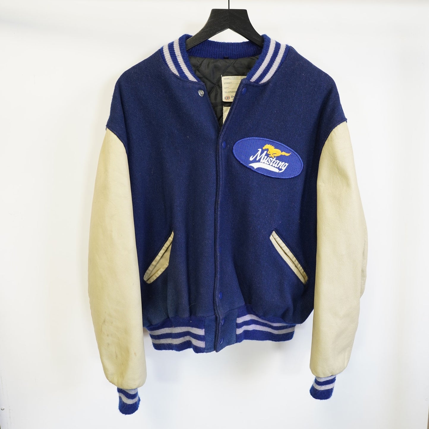 (XL) Vintage Ford Mustang DeLong Varsity Jacket Men's XL Sz. 48 Blue Tan Leather Wool