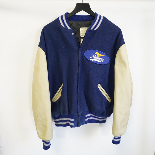 (XL) Vintage Ford Mustang DeLong Varsity Jacket Men's XL Sz. 48 Blue Tan Leather Wool