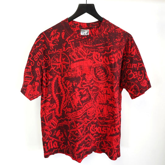 (L) Vintage Tampa Bay Buccaneers All Over Print Pirate T-Shirt Men's L Red AOP Retro