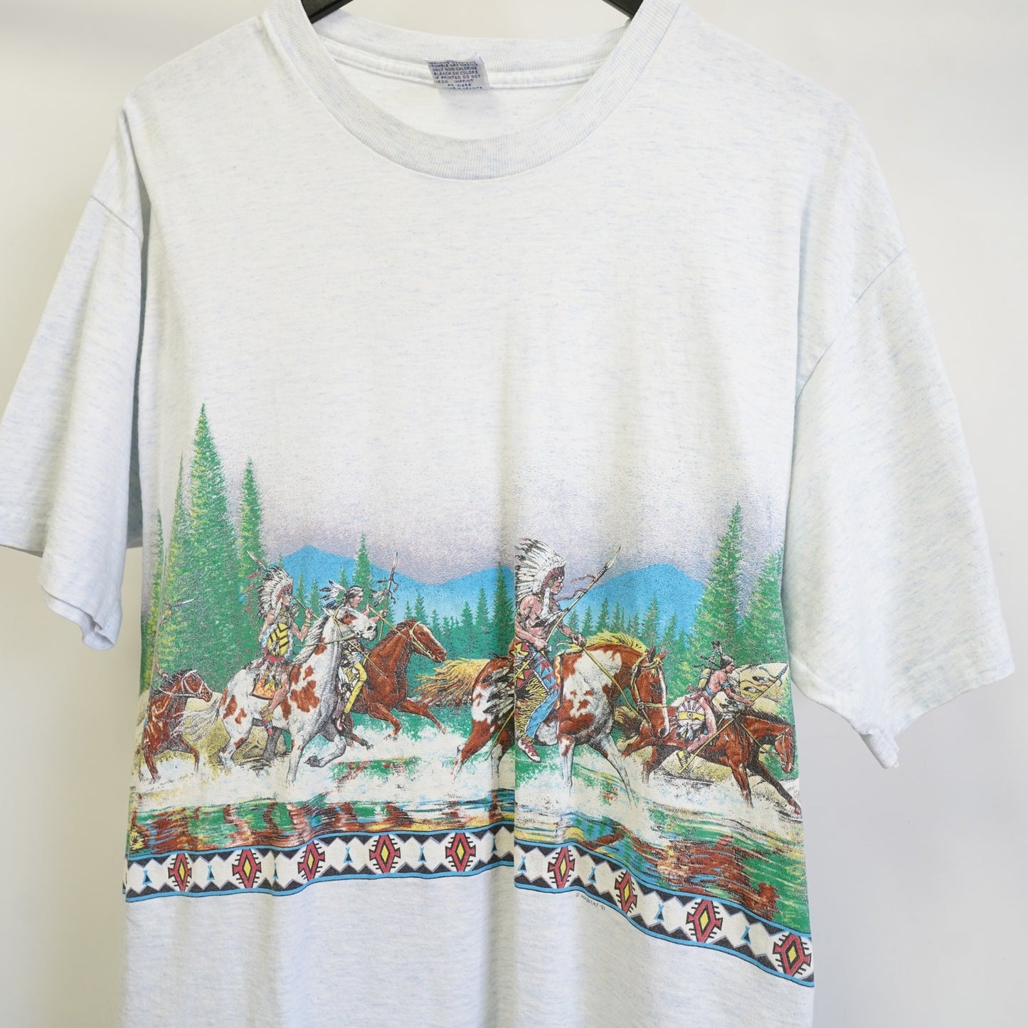 (XL) Vintage Native American Indian Western T-Shirt Men's XL All Over Print 90s Gray
