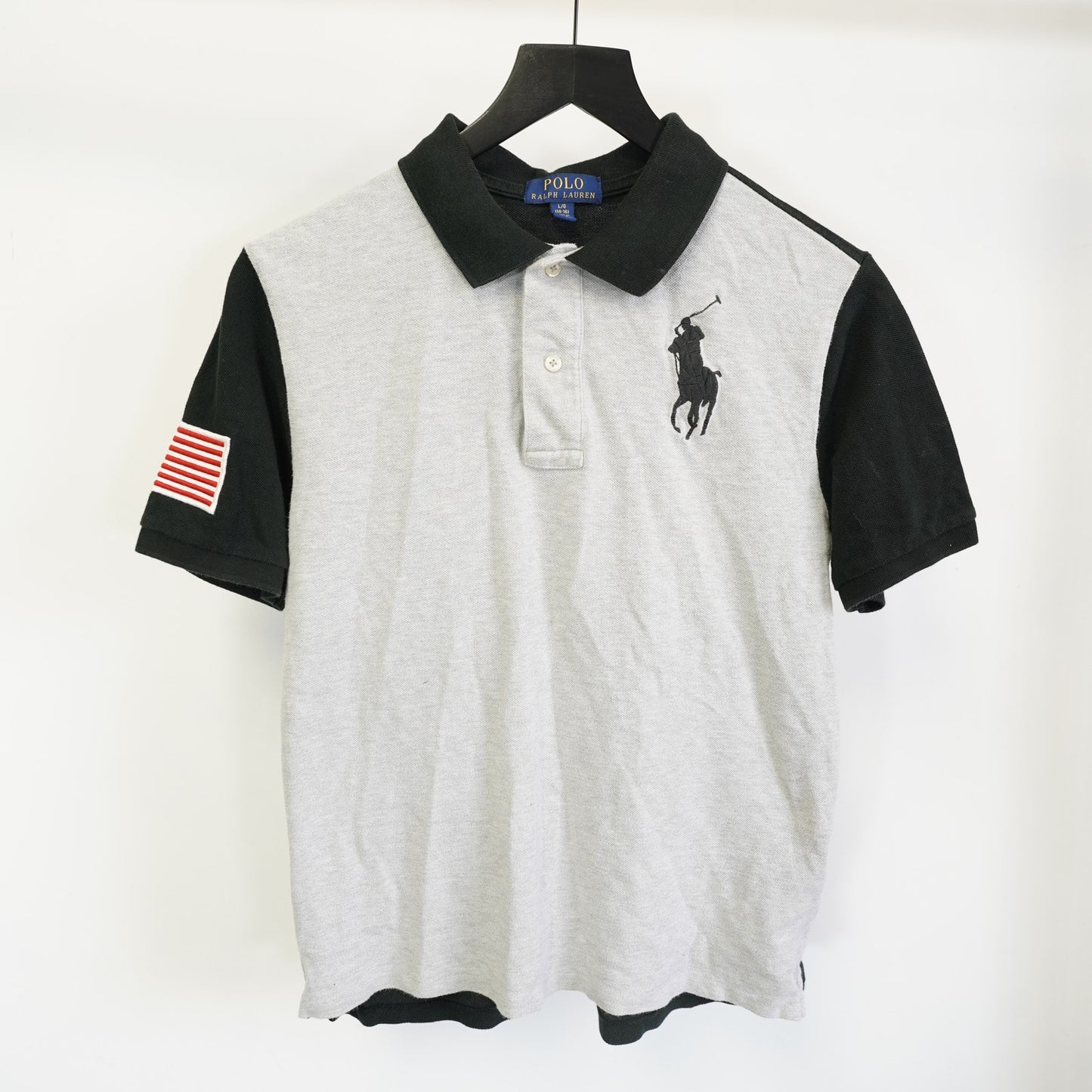 (Boys L) Polo Ralph Lauren Big Pony Sewn Colorblock Polo Shirt Boys L 14-16 Gray Black