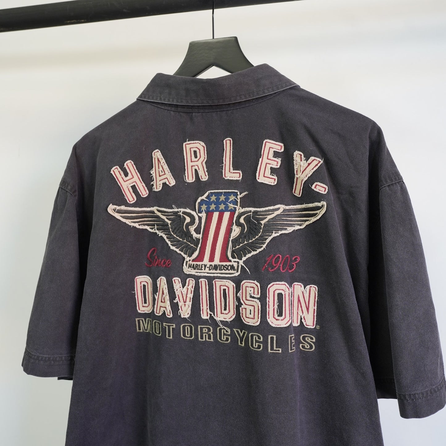(3XL) Vintage Harley Davidson Stitched Button Down Biker Shirt Men's 3XL Black Eagle