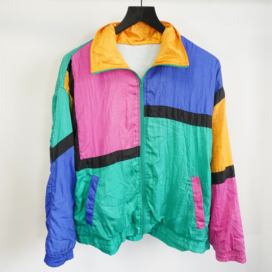 (L) Vintage 90s Colorblock Windbreaker Jacket Men's L Retro Geometric Rave Neon
