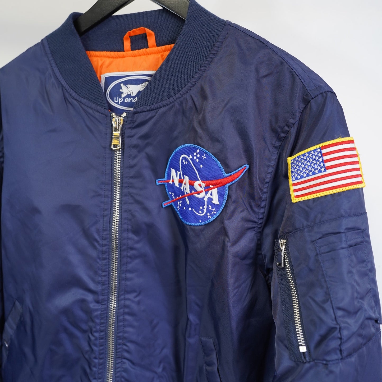 (M) NASA Flight Bomber Jacket Sewn Patch Adult Size Medium Blue Orange Up and Away
