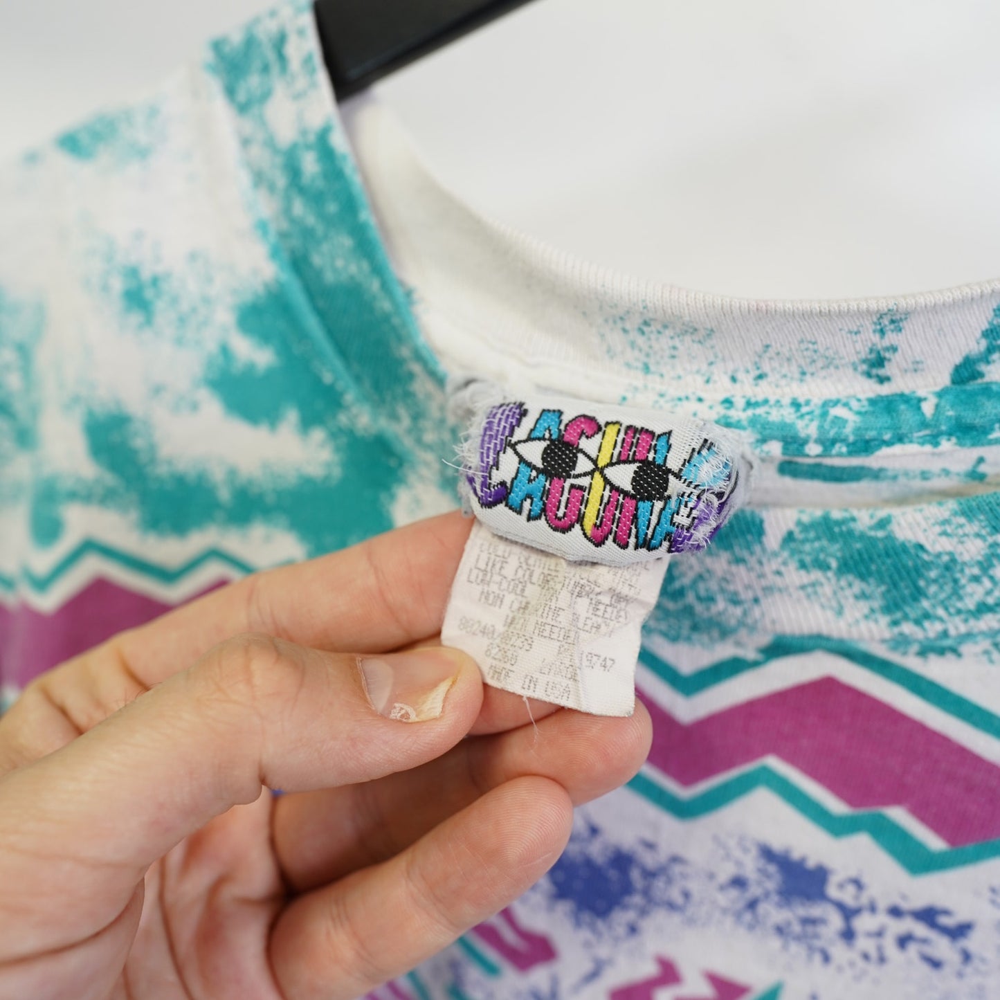 (L) Vintage Laguna 90s Striped Surf Skate T-Shirt Men's L All Over Print Aqua Pink