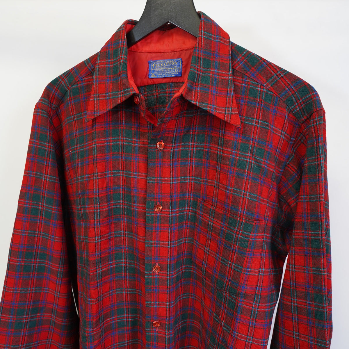 (L) True Vintage Pendelton 100% Wool Flannel Button Up Men's L Red Stewart Tartan