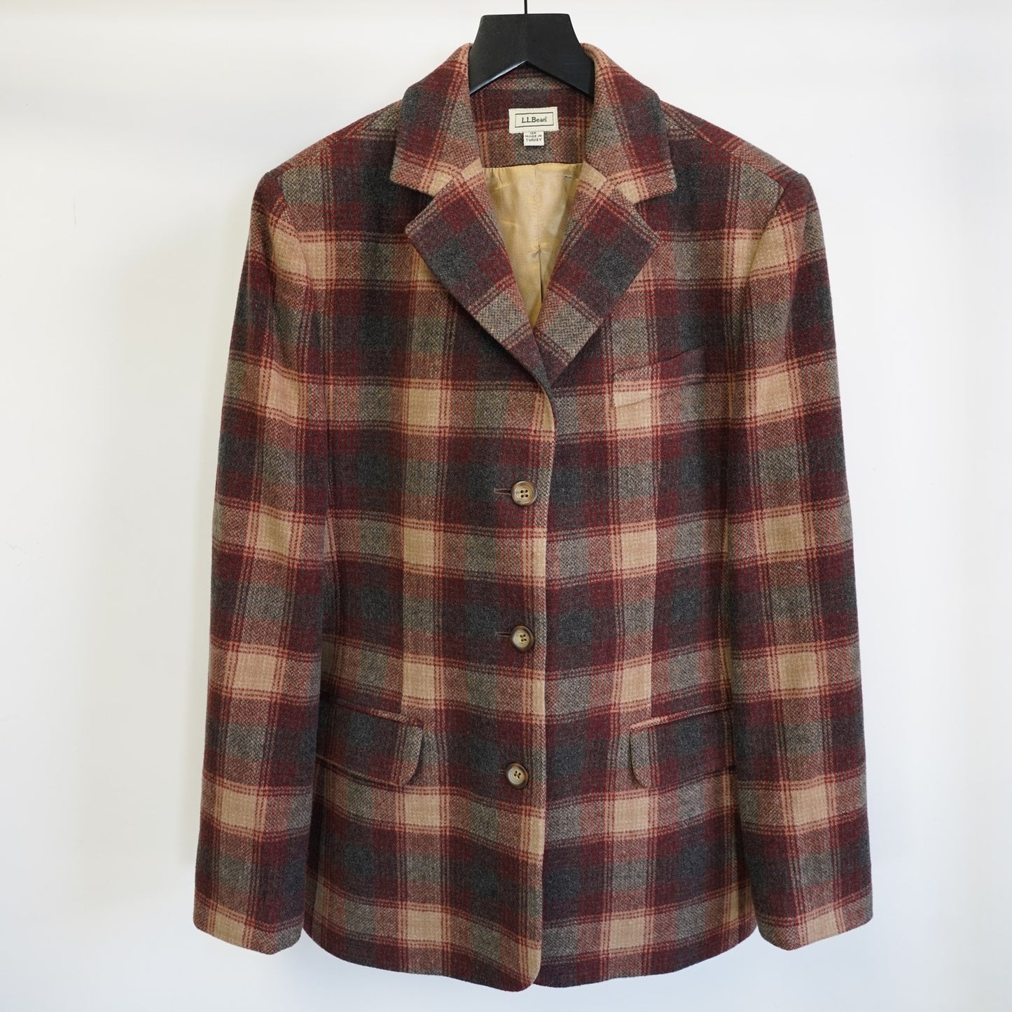 (Women's 12R) L.L. Bean Women’s Wool/Cashmere Blazer Coat Jacket Plaid Size 12R M Red Brown