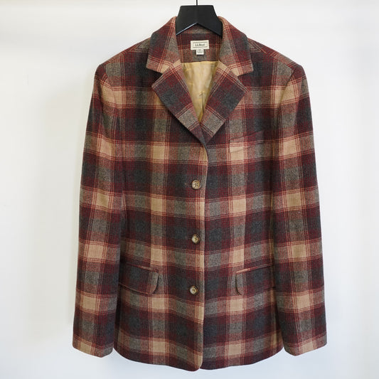 (Women's 12R) L.L. Bean Women’s Wool/Cashmere Blazer Coat Jacket Plaid Size 12R M Red Brown