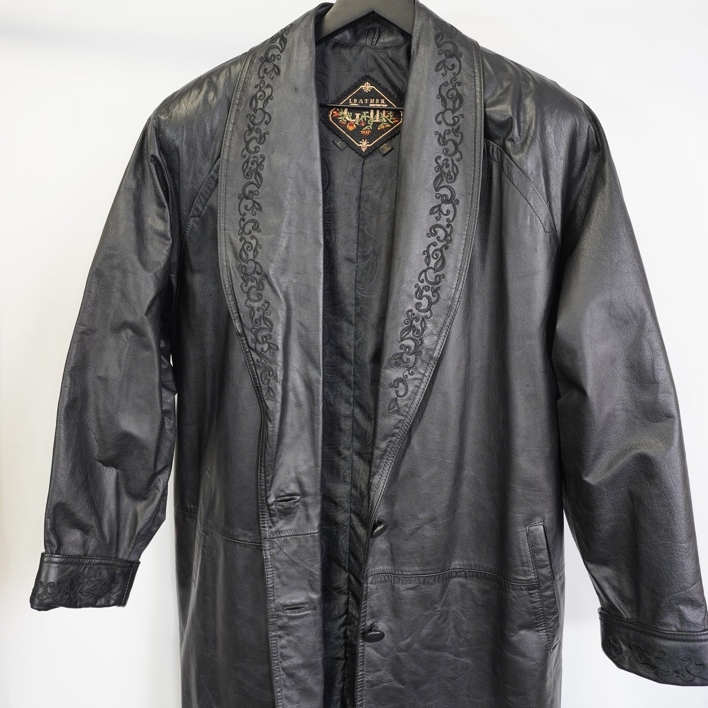 (Women's L) Vtg 80s Leather G-III Coat Women’s L Black Trench Paisley Lining Whimsy Gothic