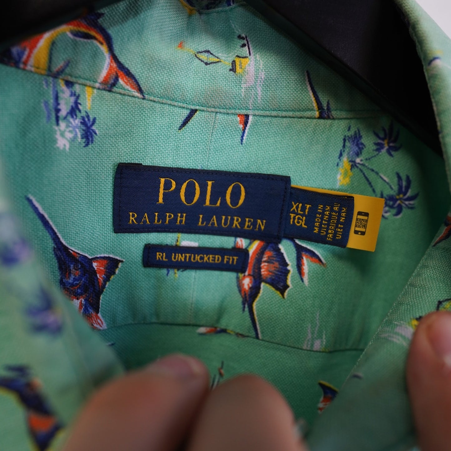 (XLT) Polo Ralph Lauren Marlin Hawaiian Button Up Men's XLT Turquoise Untucked Fish