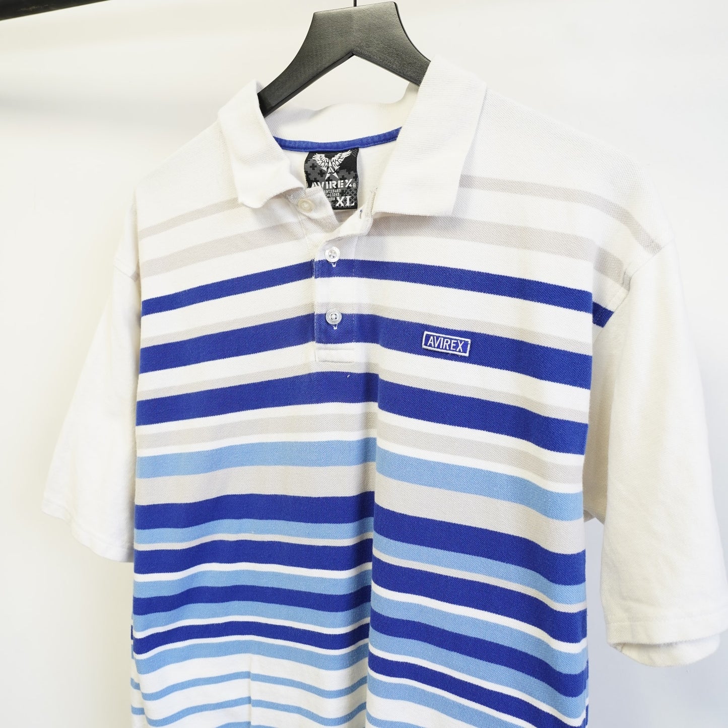 (XL) Vintage Avirex Y2K Striped Polo Shirt Men's XL Blue 2000s Streetwear Hip Hop
