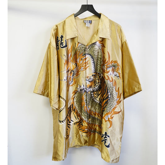 (4XL) Vintage Japanese Dragon Tiger Gold Satin Y2K Button Up Shirt Men's 4XL 2000s